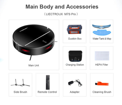 List of Elarvo M7S Pro robot vacuum cleaner components including main unit, accessories, and parts.