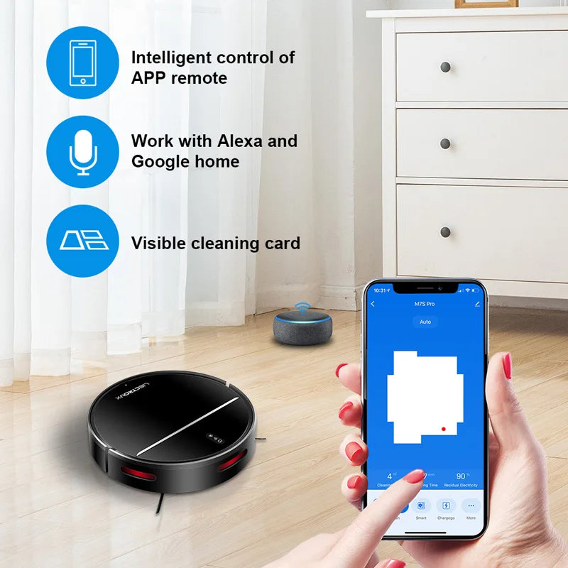 Elarvo M7S Robot Vacuum on a wooden floor with a smartphone app interface displayed.