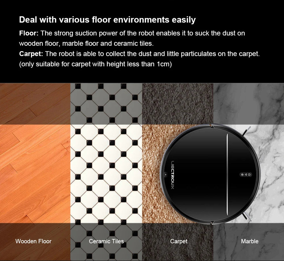 Elarvo M7S Robot Vacuum with text on floor types it can handle