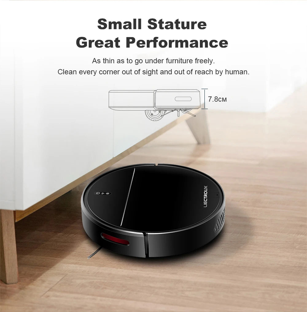 Elarvo M7S Robot Vacuum under a piece of furniture with text highlighting its small stature and performance.