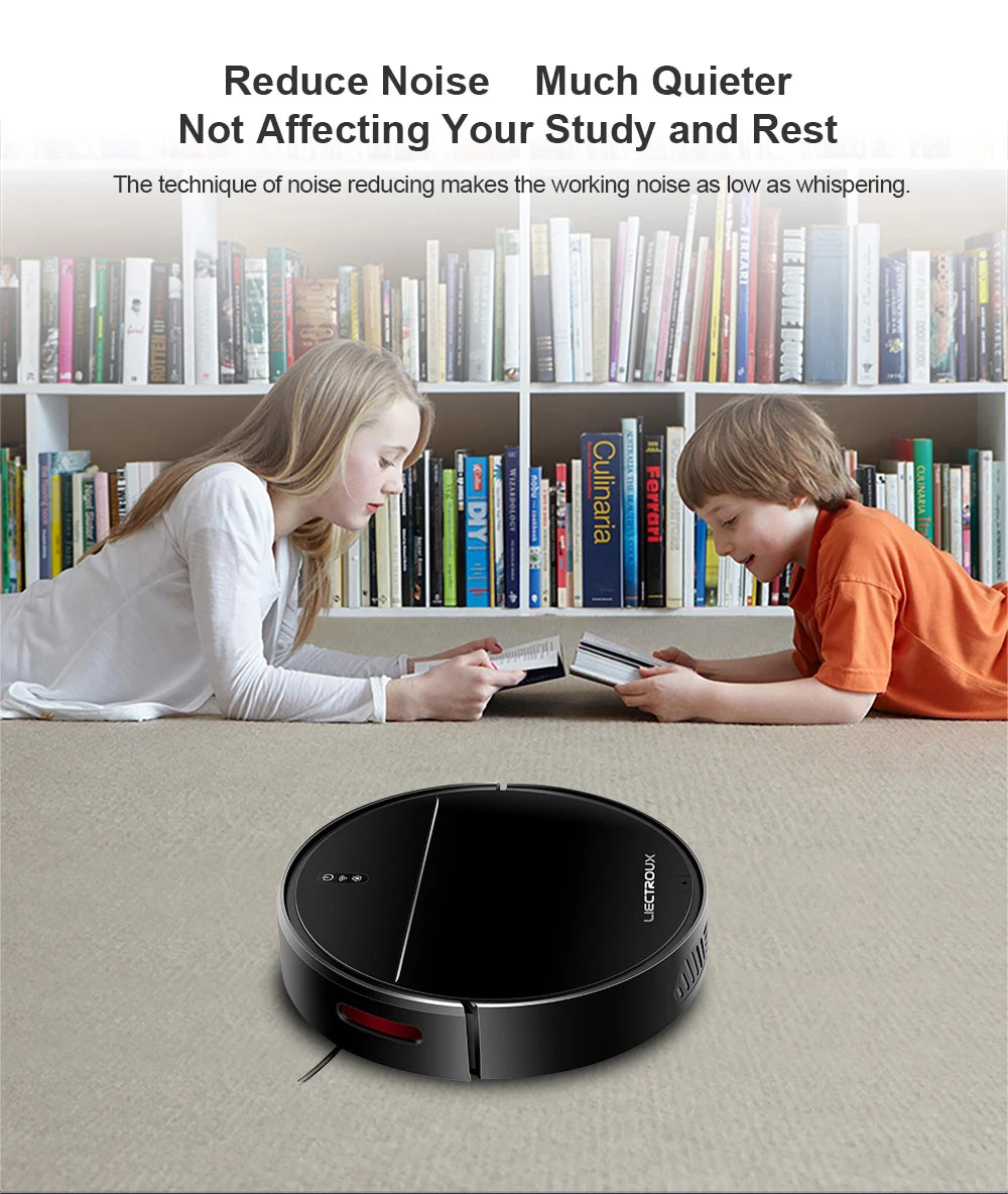 Elarvo M7S Robot Vacuum on a carpet with children reading books in the background