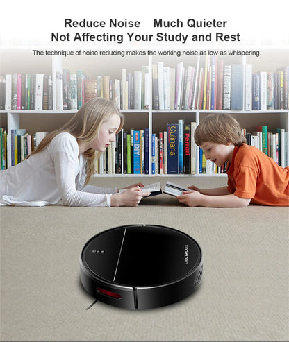 Elarvo M7S Robot Vacuum on a carpet with children reading books in the background