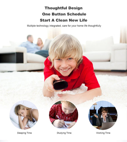 Child in a red shirt holding a remote control with lifestyle images and text on a white background
