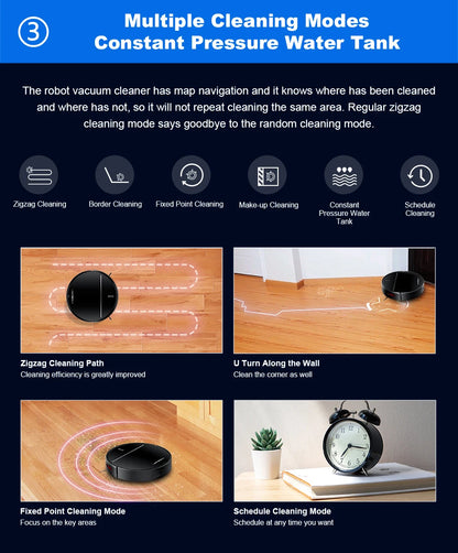Elarvo M7S Robot Vacuum features with cleaning modes on a blue background