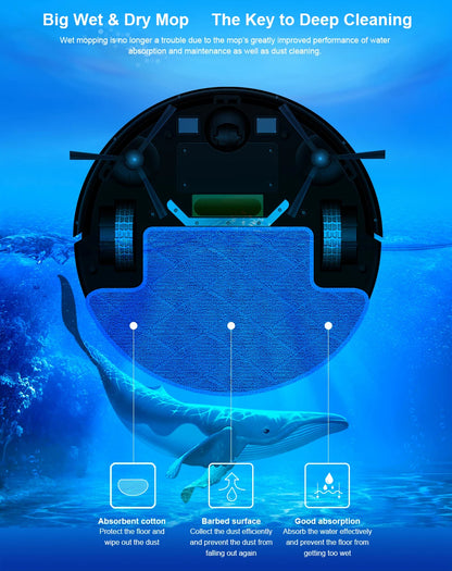 Elarvo M7S Robot Vacuum with underwater scene and text about deep cleaning