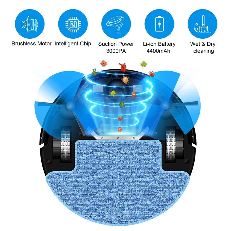 Elarvo M7S Robot Vacuum with feature icons on a white background