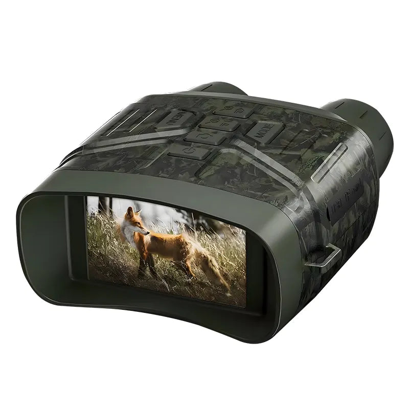 Elarvo N4 Night Vision Goggles with screen displaying a fox in a grassy field on a white background