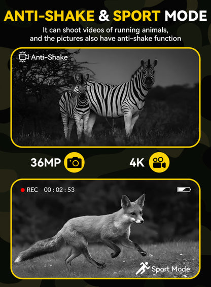 Elarvo N4 Night Vision Goggles feature display with zebra and fox images, highlighting anti-shake and sport mode capabilities.