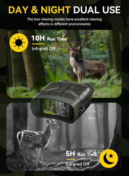 Elarvo N4 Night Vision Goggles with day and night dual use feature, showing deer in forest and infrared mode.