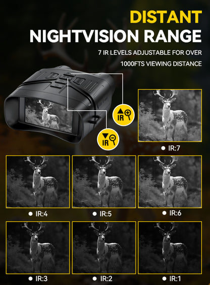 Nightvision Elarvo N4 Night Vision Goggles with deer images and IR level indicators on a dark background
