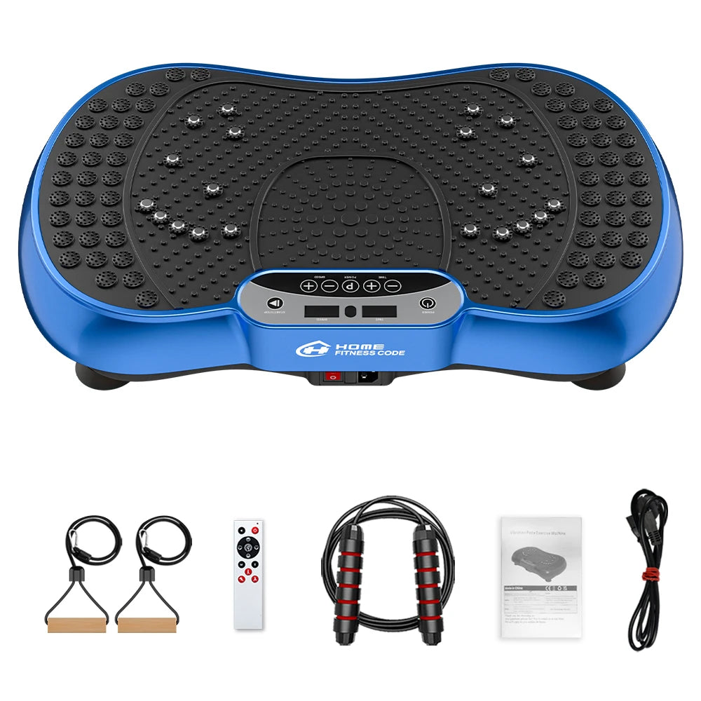 Blue and black Elarvo Vibration Plate with accessories on a white background