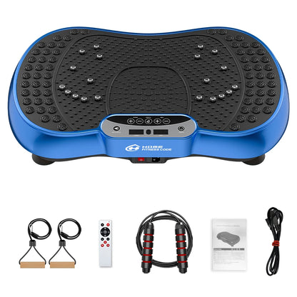 Blue and black Elarvo Vibration Plate with accessories on a white background
