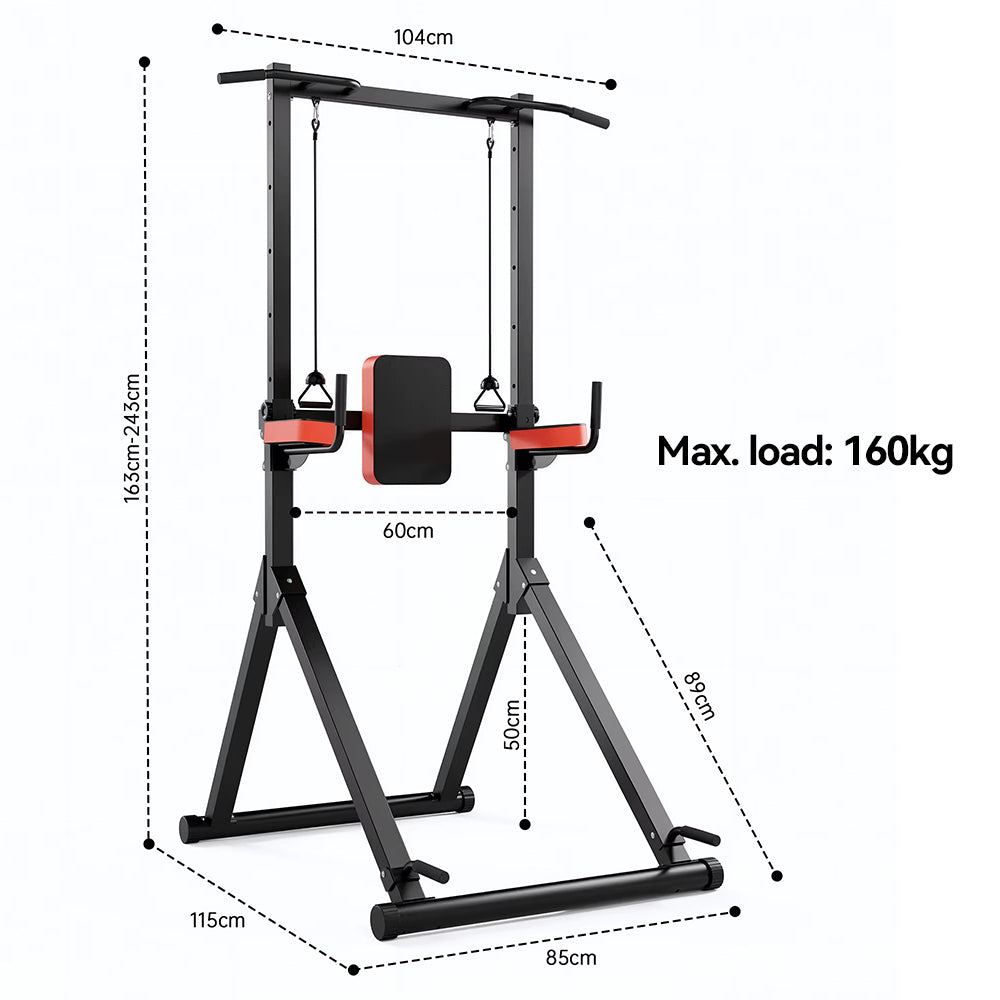 Fitness Elarvo Power Tower with dimensions and maximum load capacity on a white background