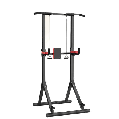 Black and red Elarvo Power Tower pull-up bar stand on a white background
