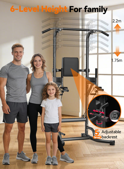 Family standing next to a home gym setup with adjustable height feature.