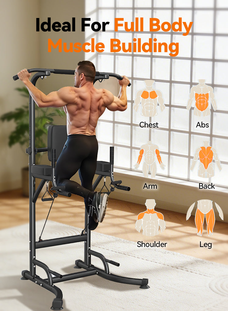 Man using a Elarvo Power Tower pull-up bar with muscle-building diagram in the background