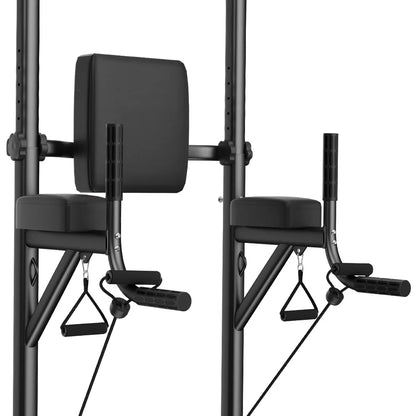 Black Elarvo Power Tower gym pull-up bar and weight rack on a white background