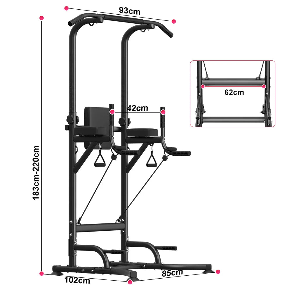 Elarvo Power Tower pull-up bar with dimensions labeled on a white background