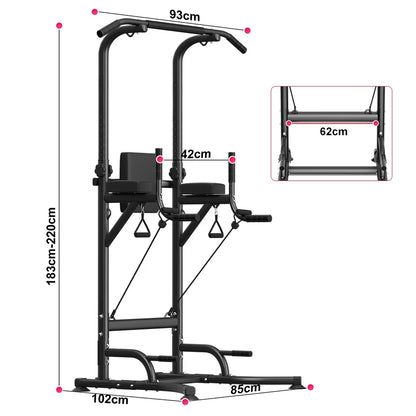 Elarvo Power Tower pull-up bar with dimensions labeled on a white background