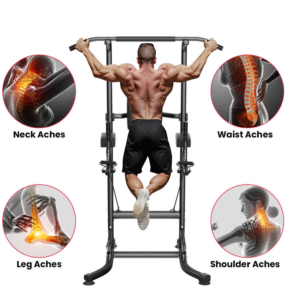 Man using a pull-up bar Elarvo Power Tower with insets showing common muscle pain areas.