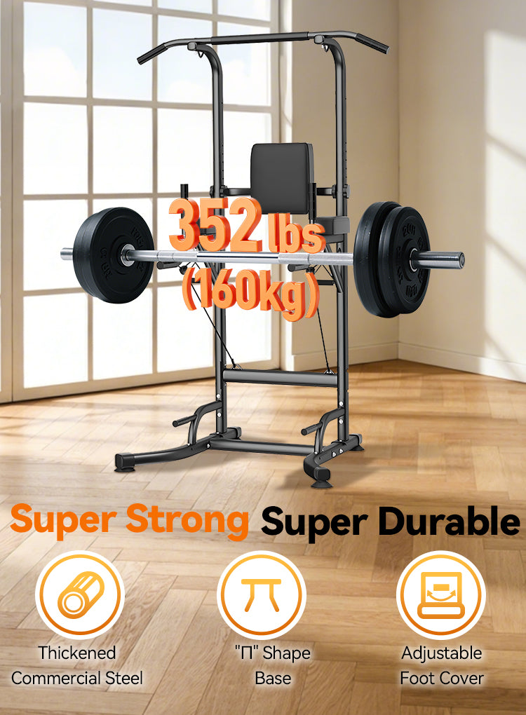 Gym Elarvo Power Tower with barbell and weights on a wooden floor, featuring text on strength and durability.