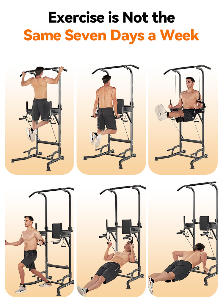 Multifunctional exercise Elarvo Power Tower with various workout positions on a beige background