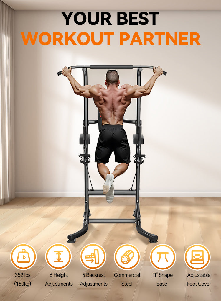 Man performing Elarvo Power Tower on a home gym power rack with text 'Your Best Workout Partner' above.