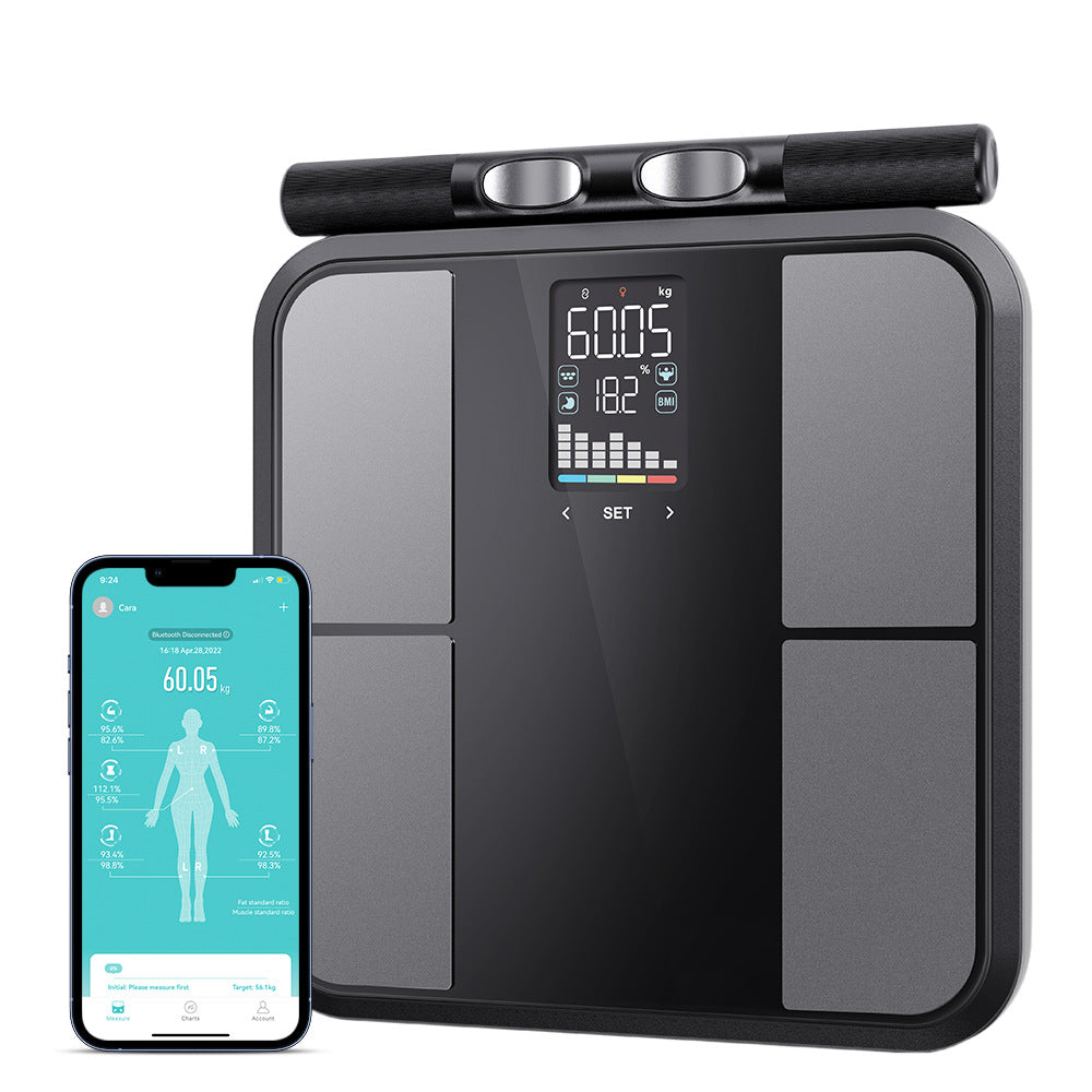 Smart elarvo scales with digital display and smartphone app on a white background