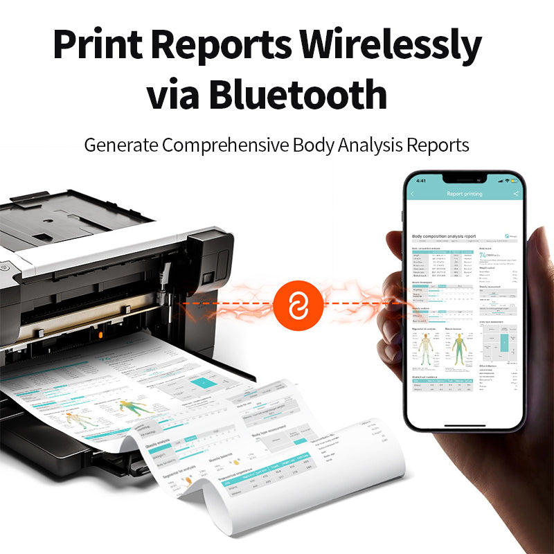 A wireless Bluetooth printer on a white background with a hand holding a smartphone showing a body analysis report screen. Text at the top reads 'Print Reports Wirelessly via Bluetooth' and 'Generate Comprehensive Body Analysis Reports.