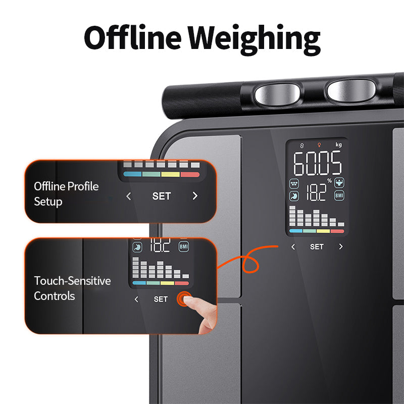 A Elarvo Scales with a large touch display showing weight and BMI readings, plus two inset callouts labeled 'Offline Profile Setup' and 'Touch-Sensitive Controls' under the heading 'Offline Weighing.' A hand is shown touching the screen on the right inset.