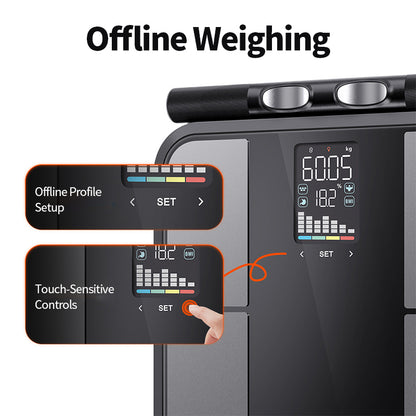 A Elarvo Scales with a large touch display showing weight and BMI readings, plus two inset callouts labeled 'Offline Profile Setup' and 'Touch-Sensitive Controls' under the heading 'Offline Weighing.' A hand is shown touching the screen on the right inset.