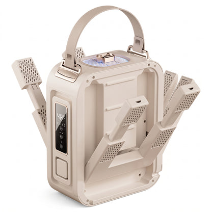 A beige Elarvo Shoe & Boot Dryer and massage device with a built-in handle, digital temperature display, and multiple massage arms, shown on a clean white background.