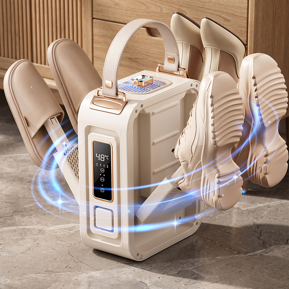 A beige Elarvo Shoe & Boot Dryer with a digital temperature display, shown holding multiple pairs of beige shoes. Blue light effects are illustrated around the shoes to suggest drying.