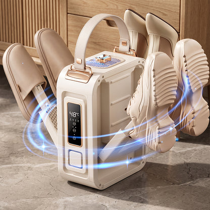 A beige Elarvo Shoe & Boot Dryer with a digital temperature display, shown holding multiple pairs of beige shoes. Blue light effects are illustrated around the shoes to suggest drying.