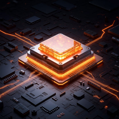 A glowing integrated circuit processor chip centered on a dark circuit board, with bright orange light radiating from its edges and surrounding electronic components.
