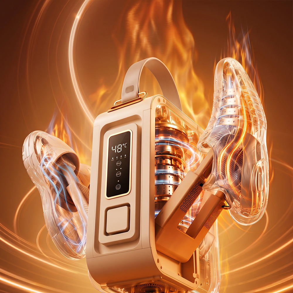 A portable foot Elarvo Shoe & Boot Dryer with a digital temperature display showing 48°C, surrounded by glowing orange flames and heat waves, with transparent shoes placed inside to demonstrate use.