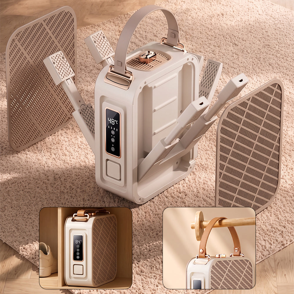 A beige Elarvo Shoe & Boot Dryer set with multiple dryer heads and a handle, shown on a textured rug with two inset detail photos showing the control panel and handle attachment.