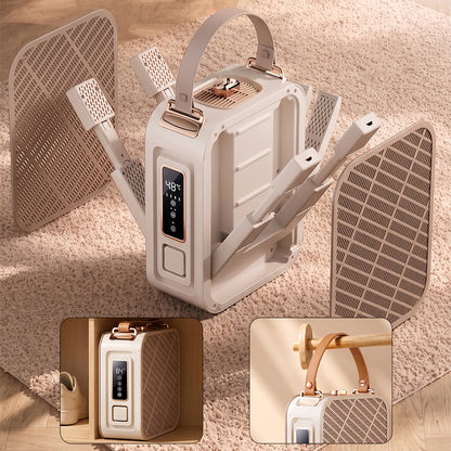 A beige Elarvo Shoe & Boot Dryer set with multiple dryer heads and a handle, shown on a textured rug with two inset detail photos showing the control panel and handle attachment.