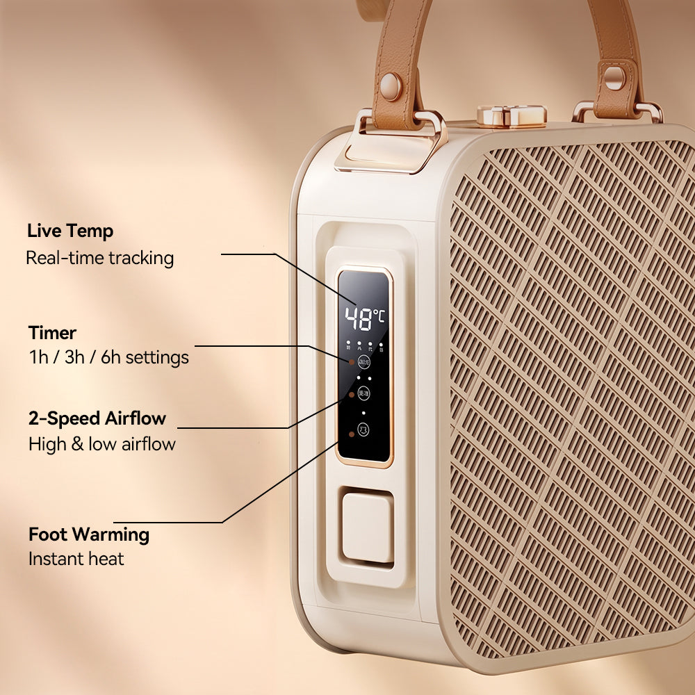 A close-up of a beige portable Elarvo Shoe & Boot Dryer with a textured front grille and a digital display showing 48°C. White text callouts point to features including Live Temp, Timer, 2-Speed Airflow, and Foot Warming.