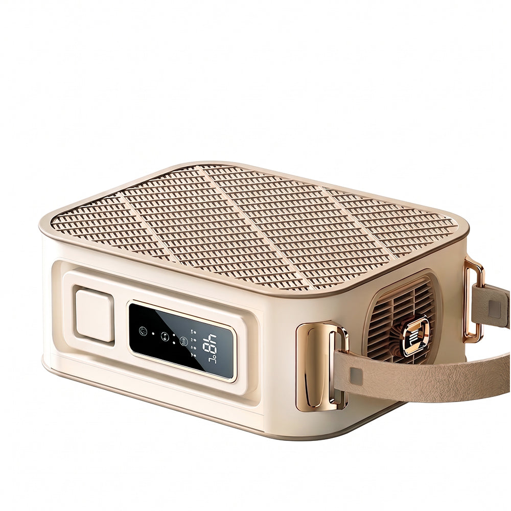 A portable electric Elarvo Shoe & Boot Dryer in a warm beige and rose gold color, featuring a top ventilation grille, a digital display screen, and a carrying strap, shown on a clean white background.