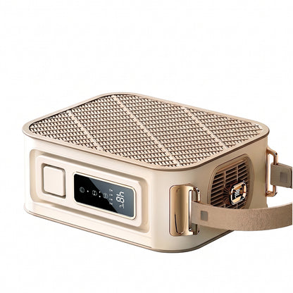 A portable electric Elarvo Shoe & Boot Dryer in a warm beige and rose gold color, featuring a top ventilation grille, a digital display screen, and a carrying strap, shown on a clean white background.