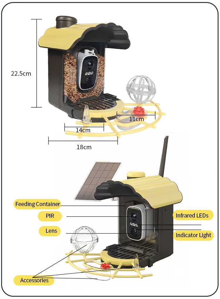 A Elarvo Smart Bird Feeder Camera diagram showing a bird feeder with dimensions and labeled parts. The top view shows the feeder with measurements 22.