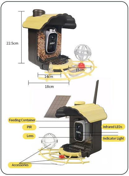 A Elarvo Smart Bird Feeder Camera diagram showing a bird feeder with dimensions and labeled parts. The top view shows the feeder with measurements 22.