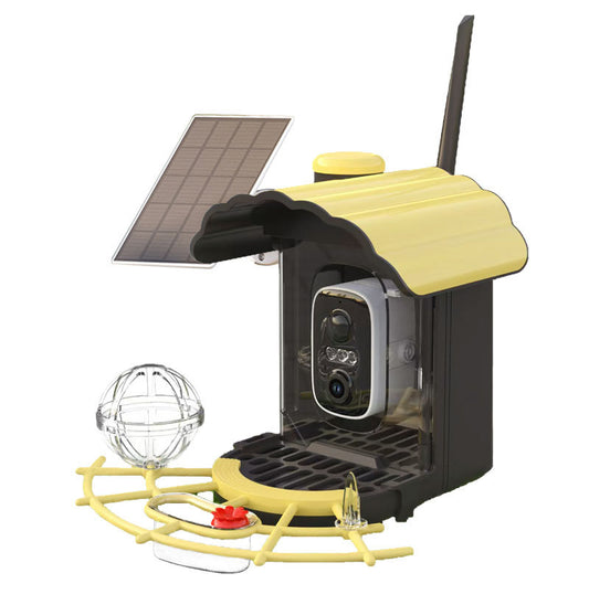 A Elarvo Smart Bird Feeder Camera and camera kit with a yellow and black house-shaped body, a small solar panel, a clear glass feeder bowl, and a yellow perch, shown on a white background.