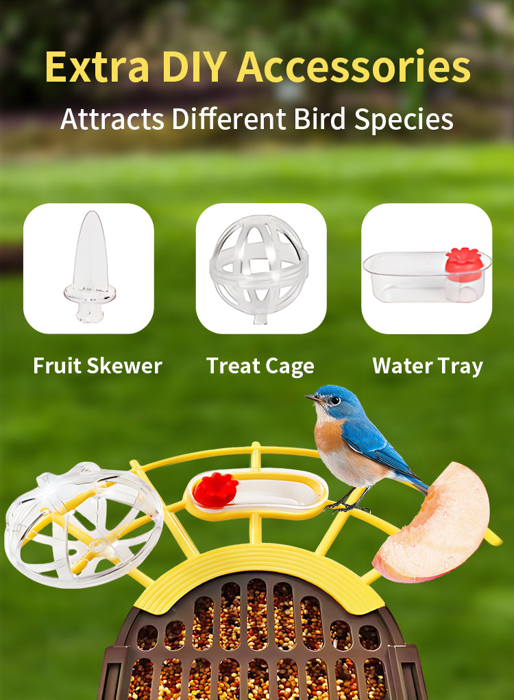 Promotional graphic for Elarvo Smart Bird Feeder Camera accessories on a blurred green lawn background. Text at the top reads 'Extra DIY Accessories' and 'Attracts Different Bird Species.