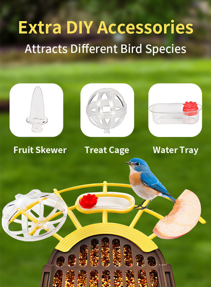 Promotional graphic for Elarvo Smart Bird Feeder Camera accessories on a blurred green lawn background. Text at the top reads 'Extra DIY Accessories' and 'Attracts Different Bird Species.
