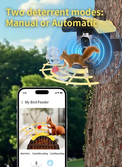 A Elarvo Smart Bird Feeder Camera mounted on a tree with a squirrel on the feeder platform, plus a smartphone screen showing the feeder app. Large text at the top reads 'Two deterrent modes: Manual or Automatic'.
