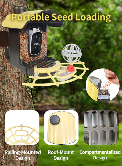 A portable seed loader mounted on a tree trunk outdoors, with green foliage in the background. The Elarvo Smart Bird Feeder Camera is shown with text reading 'Portable Seed Loading,' plus three feature callouts at the bottom: railing-mounted design, roof-mount design, and compartmentalized design.