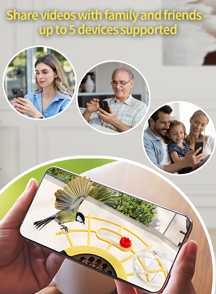 A promotional graphic for a smart Elarvo Smart Bird Feeder Camera and video-sharing app. The main image shows a hand holding a smartphone displaying a live video feed of a bird on a yellow feeder.