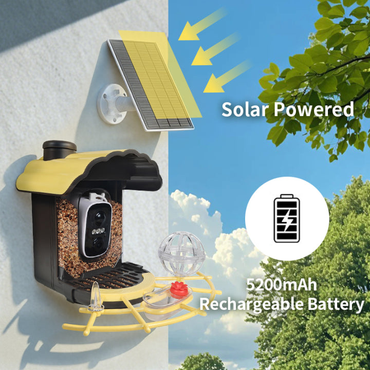Solar-powered Elarvo Smart Bird Feeder Camera mounted on a light gray exterior wall, with a small solar panel above it, yellow arrows indicating solar power, a battery icon with '5200mAh Rechargeable Battery' text, and outdoor scenery in the background.
